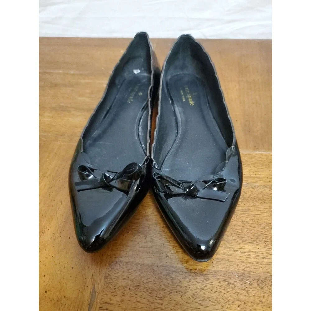 Kate Spade New York Eleni Flex Black Patent Leather Flat Ballet Shoes Bow Sz 8.5